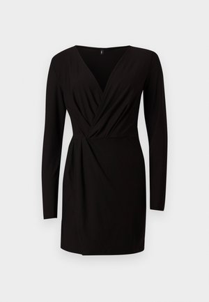 Black wrap dress made of soft fabric, featuring long sleeves, a V-neckline, and a draped design at the waist with a smooth texture.