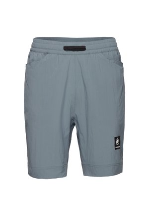 Shorts gris clair en tissu léger et lisse. Présentent une taille élastique, deux poches latérales et un patch logo noir.