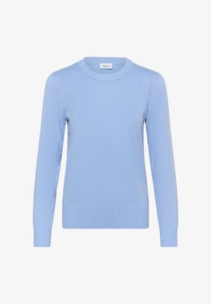 Hele sinine kudumissärk ümmarguse kaelusega, pikkade varrukate, soonikkoes mansettide ja äärega. Omab peent tekstuuri ega sisalda nähtavaid mustreid.