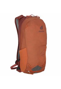 Orange backpack with a streamlined design, featuring a textured surface, mesh sides, and a logo. Includes an adjustable strap and pockets.