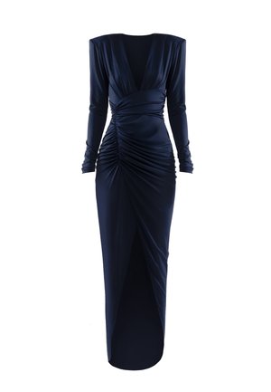Večernja haljina tamnoplave boje s dugim rukavima, naboranim detaljima, dubokim V-izrezom, pristajućim strukom i prorezom sprijeda.