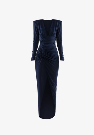 Večernja haljina tamnoplave boje s dugim rukavima, naboranim detaljima, dubokim V-izrezom, pristajućim strukom i prorezom sprijeda.