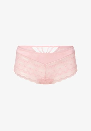 Shorty en dentelle rose avec un motif texturé, présentant un bord festonné et de multiples détails à lanières à l'arrière.