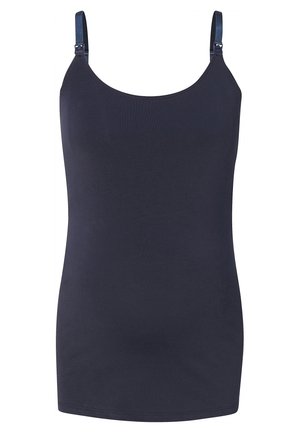 Marineblå tanktop med justerbare stropper, lavet af glat, strækbart stof. Enkelt design med rundet halsudskæring og uden yderligere mønstre.