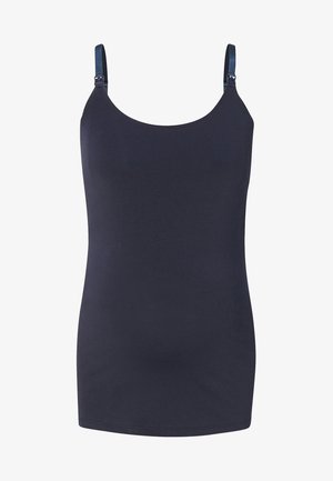 Marineblå tanktop med justerbare stropper, lavet af glat, strækbart stof. Enkelt design med rundet halsudskæring og uden yderligere mønstre.