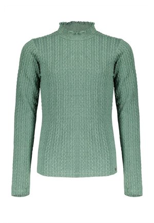 Pull vert foncé à manches longues avec un col haut et volanté. Le motif tricoté texturé présente des côtes verticales et des motifs en relief. Coupe ajustée.