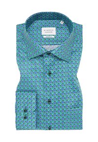 Vouwshirt met een groen en blauw geometrisch patroon, gemaakt van katoen, met knoopmanchetten, moderne kraag en ETERNA merk.