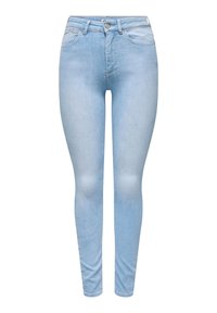 Svjetloplave uske traperice od trapera, s klasičnim dizajnom s pet džepova, zatvaranjem na gumbe i blago izblijedjelim područjima na bedrima.