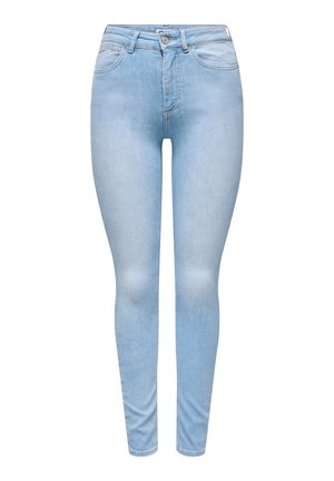 Lichtblauwe skinny jeans van denim, met een klassiek ontwerp met vijf zakken, knoopsluiting en lichte vervaging op de dijen.