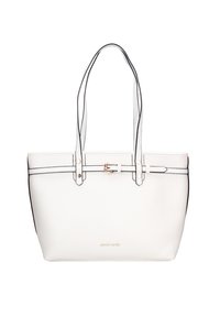 Borsa tote bianca con bordi neri, doppio manico, accessori in oro e logo del marchio alla base. Realizzata in materiale sintetico testurizzato.