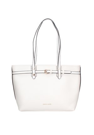 Borsa tote bianca con bordi neri, doppio manico, accessori in oro e logo del marchio alla base. Realizzata in materiale sintetico testurizzato.