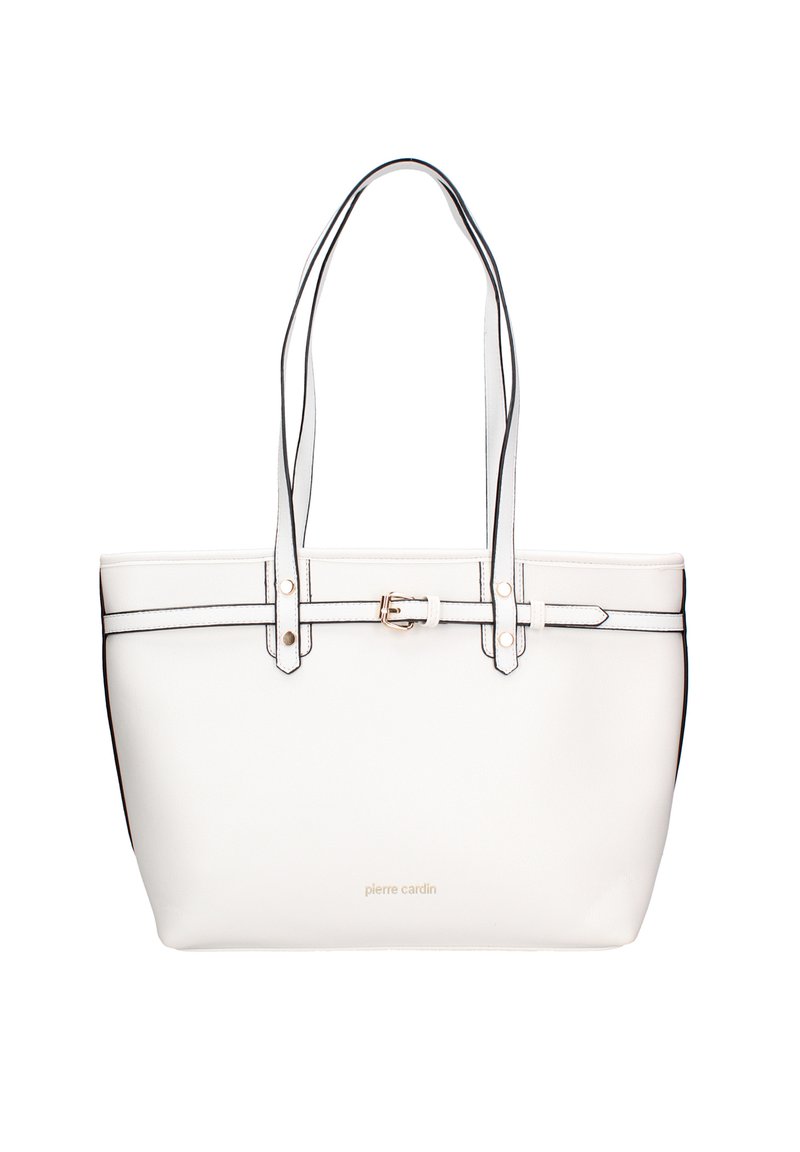 Borsa tote bianca con bordi neri, doppio manico, accessori in oro e logo del marchio alla base. Realizzata in materiale sintetico testurizzato.
