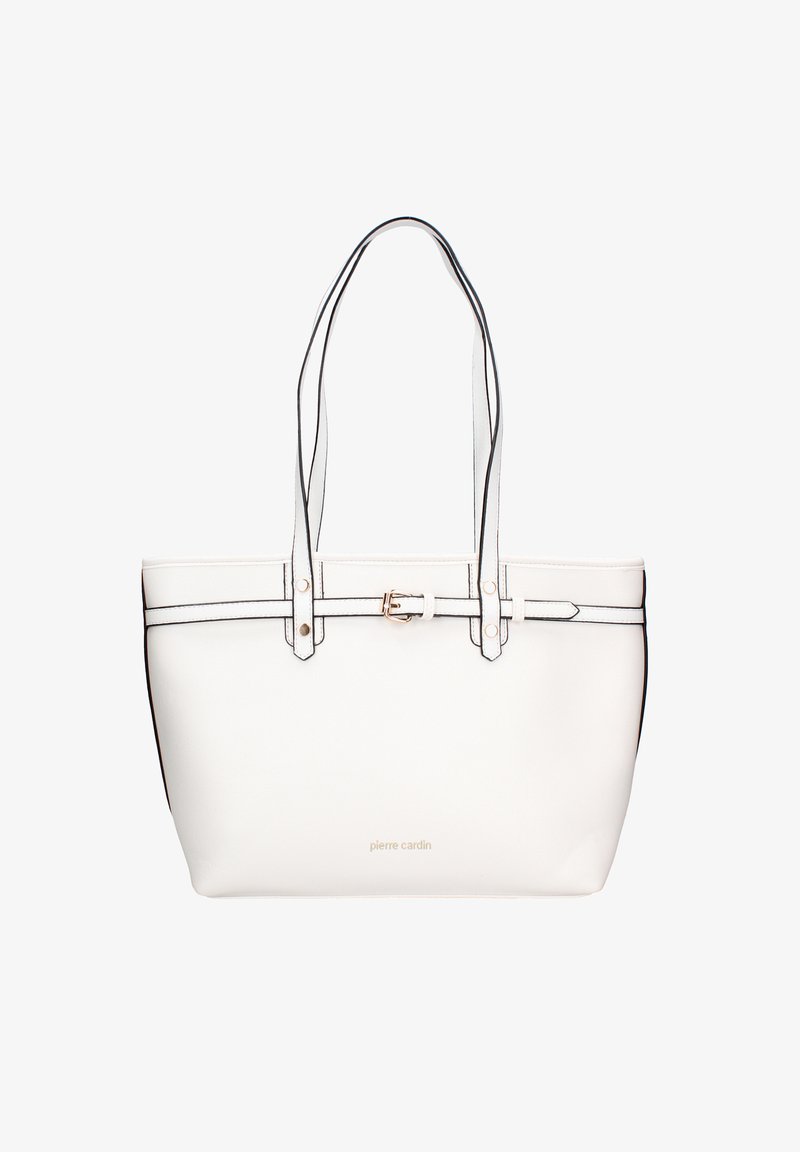 Borsa tote bianca con bordi neri, doppio manico, accessori in oro e logo del marchio alla base. Realizzata in materiale sintetico testurizzato.