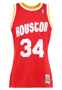 Rote Houston Rockets Basketballtrikot mit der Nummer 34, gelben und weißen Akzenten, NBA-Logo und Harden Classics Etikett am unteren Ende.
