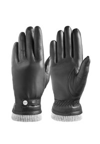 Guanti in pelle nera con finitura testurizzata, polsino a costine grigio in maglia e dettaglio intrecciato decorativo al polso. Presenta un bottone d'accento metallico.