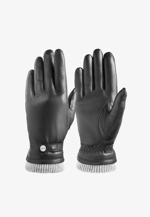 Crne kožne rukavice s teksturiranim završetkom, rebrastim sivim pletenim manžetama i dekorativnim pletenim detaljem oko zapešća. Sadrže metalnu ukrasnu tipku.