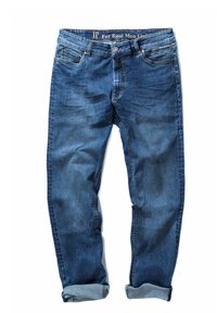 Blue denim jeans with a relaxed fit, featuring a front button closure, two front pockets, and rolled cuffs. Distressed texture details throughout.