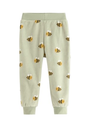 Bløde grønne fleecebukser til børn med smilende bi-mønstre, elastisk talje og manchetter for en behagelig pasform.