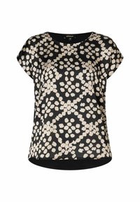 Czarna bluzka z krótkimi rękawami, ozdobiona kwiatowym wzorem w kremowym kolorze, z zaokrąglonym dekoltem i zakrzywionym dołem. Wykonana z gładkiego, lekkiego materiału.