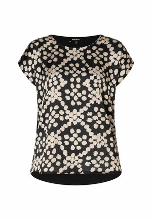 Schwarze Bluse mit kurzen Ärmeln, verziert mit einem cremefarbenen Blumenmuster, rundem Ausschnitt und einem geschwungenen Saum. Hergestellt aus glattem, leichtem Stoff.