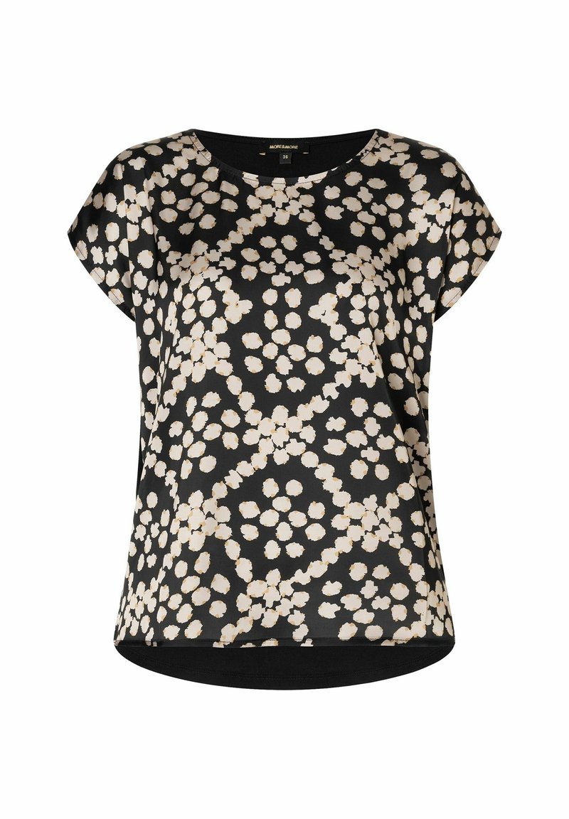 Czarna bluzka z krótkimi rękawami, ozdobiona kwiatowym wzorem w kremowym kolorze, z zaokrąglonym dekoltem i zakrzywionym dołem. Wykonana z gładkiego, lekkiego materiału.