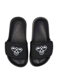Black slide sandals with a textured faux leather finish. Features a wide strap with a white bee logo and geometric patterns.