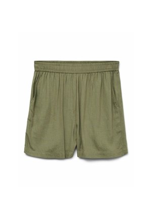 Gröna shorts tillverkade av lättviktsmaterial, med elastisk midja, löst snitt och sidofickor. Slät textur med ett subtilt mönster.