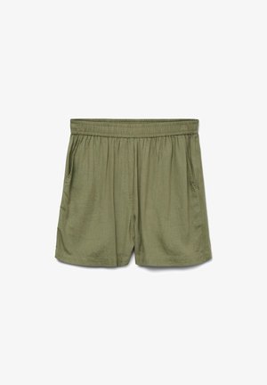 Green shorts made of lightweight fabric, featuring an elastic waistband, loose fit, and side pockets. Smooth texture with a subtle pattern.