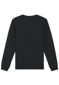 Zwarte sweatshirt met lange mouwen, ronde hals, een gladde textuur en geribbelde manchetten en zoom. Geen patronen of logo's zijn zichtbaar.