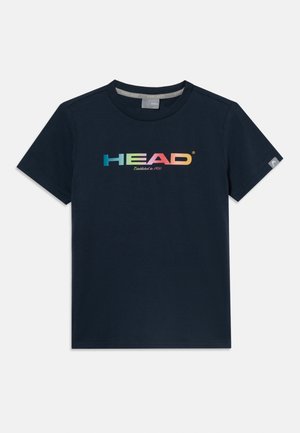 T-shirt blu navy a maniche corte con logo "HEAD" multicolore e testo "Established in 1950" al centro sul davanti.