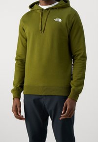 Olijfgroene hoodie gemaakt van zachte stof, met een grote voorzak en een capuchon met verstelkoord. Klein wit logo op de linkerkant van de borst.