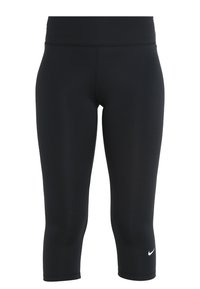 Leggings capri neri realizzati in tessuto elasticizzato, dotati di una vita alta e di un piccolo logo Nike bianco vicino all'orlo inferiore.
