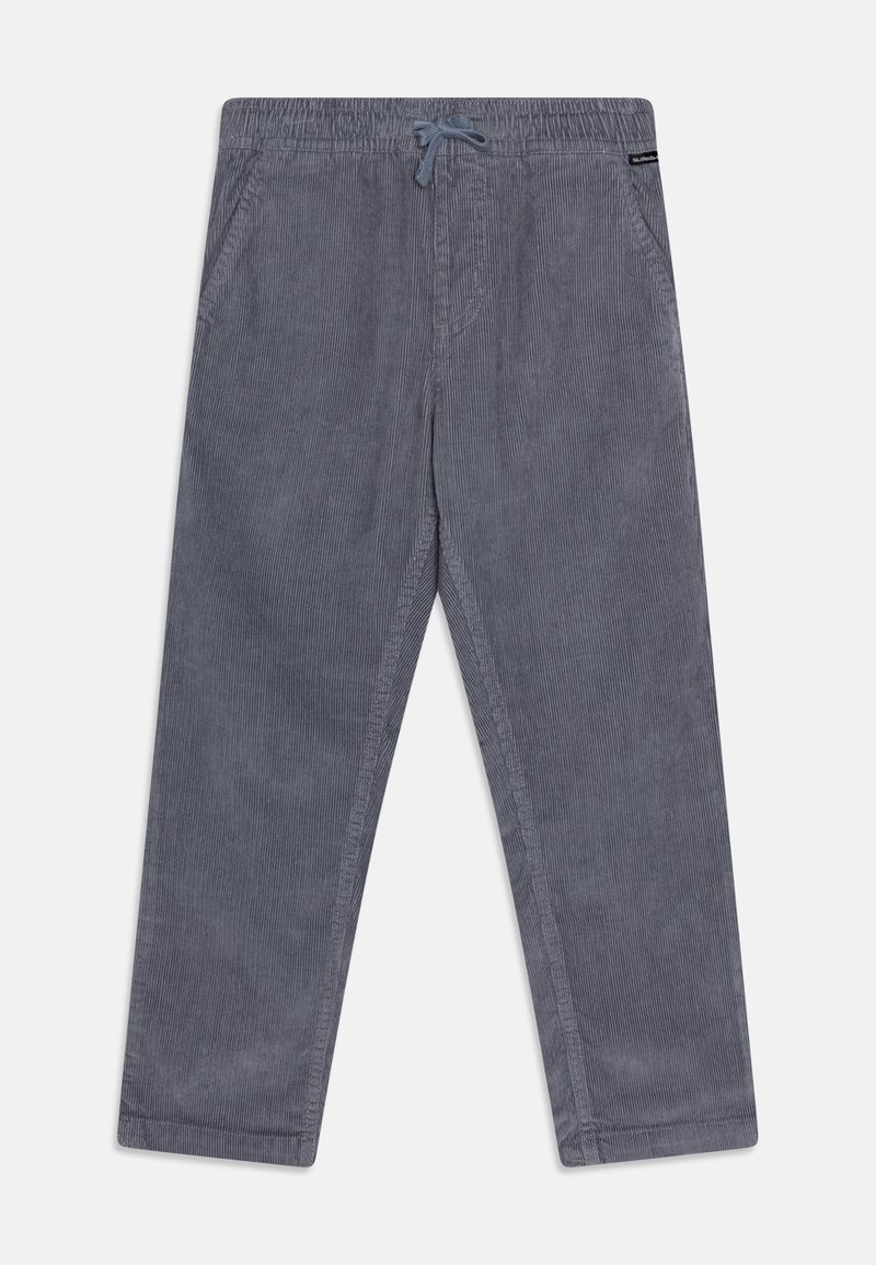 Pantalon en velours côtelé gris avec une taille élastique, cordon de serrage et poches latérales ; présente une texture rayée verticale et une coupe droite.