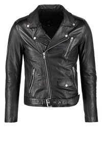 Svart lädermotorcykeljacka med en kraftig dragkedja, flera fickor med dragkedja, tryckknappar och midjebälte. Strukturerad yta och skräddarsydd passform.