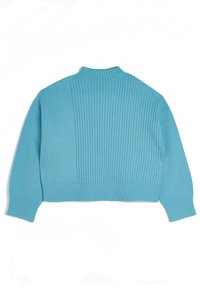 Zkrácený tyrkysový svetr s žebrovanou strukturou na zadní straně, dlouhými rukávy a vysokým výstřihem, vyrobený z měkkého pleteného materiálu.
