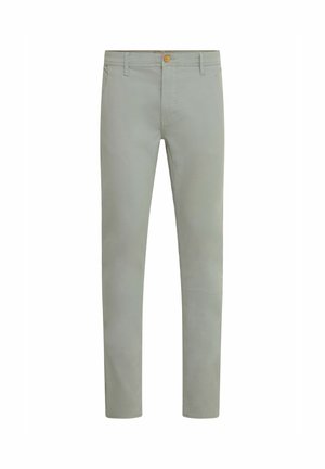 Pantalones de algodón verde claro con corte recto, bolsillos frontales y cierre de botón simple en la cintura. Textura suave, diseño minimalista.
