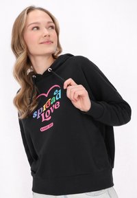Felpa nera con cappuccio in tessuto morbido, caratterizzata da una grafica colorata "spread Love" sul fronte, con cappuccio regolabile e polsini a coste.
