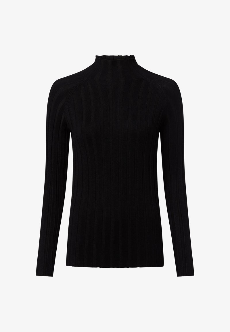 Czarny prążkowany sweter z długim rękawem i golfem, o wysokiej linii szyi i dopasowanej sylwetce, wykonany z miękkiego, elastycznego materiału dzianinowego.