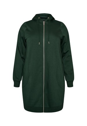 Sweat à capuche long vert foncé avec fermeture éclair, cordons et poches latérales, présenté sur fond blanc.