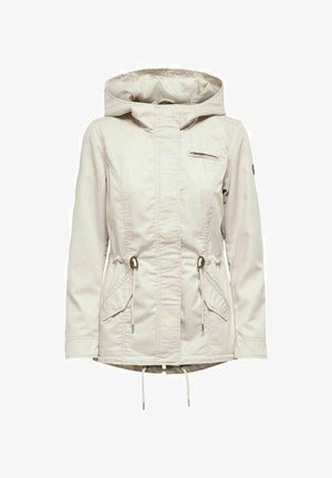 Light beige, waterproof jacket with a hood, adjustable drawstring waist, two side pockets, and a zippered chest pocket. Smooth texture.