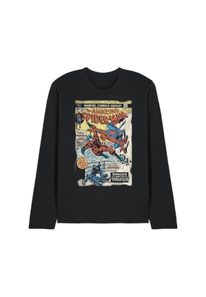 Schwarzes langärmliges Shirt mit einem Vintage-Comic-Cover, das Spider-Man beim Kampf gegen Tarantula zeigt und einen Mann, der rückwärts fällt.