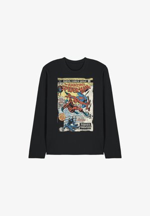 Schwarzes langärmliges Shirt mit einem Vintage-Comic-Cover, das Spider-Man beim Kampf gegen Tarantula zeigt und einen Mann, der rückwärts fällt.