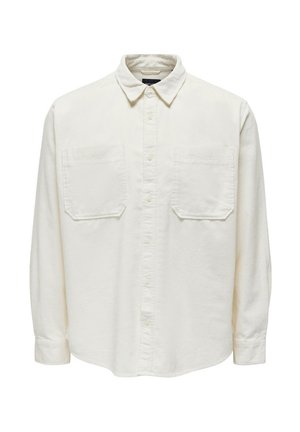 Camicia bianca a maniche lunghe con due tasche sul petto e colletto appuntito, mostrata su uno sfondo bianco uniforme.