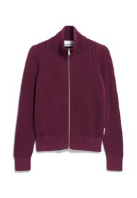 Rippierter, tief burgunderfarbener Pullover mit hohem Kragen und Frontreißverschluss. Verfügt über lange Ärmel und einen schmalen Bund für eine enganliegende Passform.