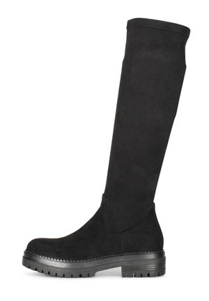 Zwarte kniehoge laarzen van zacht suede, met een robuuste rubberen zool, een eenvoudig ontwerp en geen zichtbare hardware of versieringen.