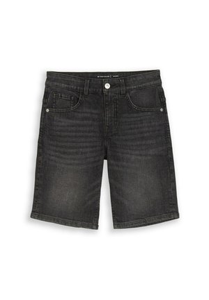 Shorts en denim noir avec bouton sur le devant, passants pour ceinture et design à cinq poches, présentant une légère texture décolorée sur les cuisses.