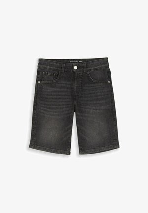 Schwarze Jeansshorts mit Frontknopf, Gürtelschlaufen und Fünf-Taschen-Design, mit leicht ausgebleichtem Tragegefühl an den Oberschenkeln.