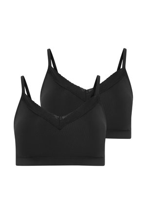 Black bralette set with v-neck design, thin adjustable straps, seamless fabric, and lace trim detailing along the neckline.