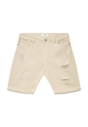 Shorts in denim beige con toppe ruvide sui cosci anteriori, design a cinque tasche e chiusura con bottone in vita.