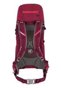 Hnědý turistický batoh s horní kapsou na zip, nastavitelnými popruhy a prodyšnou síťovinou na podpoře zad. Obsahuje mohutnou plastovou sponu a detaily s logem.